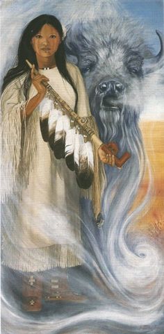 a painting of a native american woman and her dog