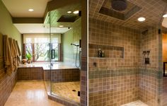 two pictures of a bathroom with brown tile