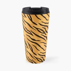 a yellow and black tiger print travel mug