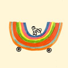 a child's drawing of a rainbow colored wagon