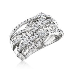 Ross-Simons - 2.00ct t. w. Round, Baguette Diamond Highway Ring in 14kt White Gold. Size 7. Oversized, tons of sparkle! Our 2.00 ct. t. w. diamond highway ring is fun, chic and everyday-approved. In polished 14kt white gold, multiple bands of baguette and round brilliant-cut diamonds zig and zag, creating a dimensional design that's sure to please. 1/2" wide. Diamond highway ring. Diamond birthstones are the perfect gift for April birthdays. April Birthday, Diamond Birthstone, Ring Diamond, Baguette Diamond, Round Brilliant Cut Diamond, Round Brilliant, Baguette, Size 7, Sparkle