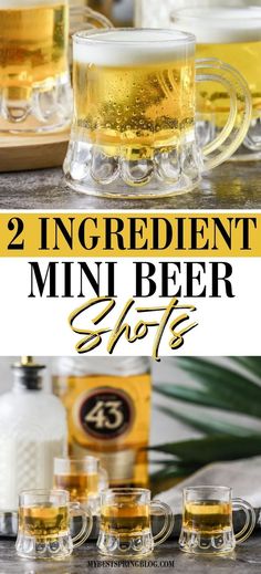 two ingredient mini beer shots with pineapples in the background and text overlay that reads, 2 ingredient mini beer shots