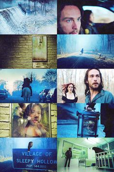 the movie poster for village of sleepy hollow is shown in multiple different pictures, including an image of a man with long hair and blue eyes