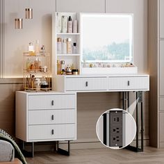 a white vanity with drawers and shelves next to a bed in a room filled with furniture