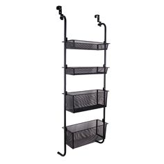 three tiered shelf with mesh baskets on the bottom and two metal hooks attached to it