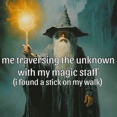 an old wizard holding a wand in his hand with the caption, me traversing the unknown with my magic staff i found a stick on my walk