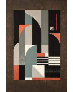 an abstract painting with various shapes and colors in brown, black, grey, orange