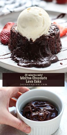 chocolate lava cake with ice cream on top and strawberries in the background for garnish