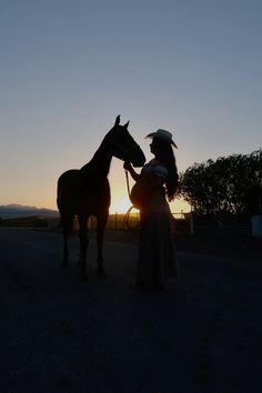 a woman standing next to a horse on the side of a road at sunset or dawn