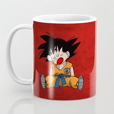 a red mug with a cartoon character on it