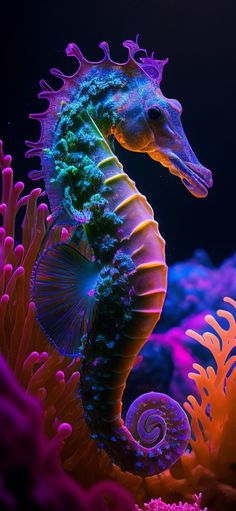 a sea horse is standing on top of corals in an aquarium with purple and blue colors