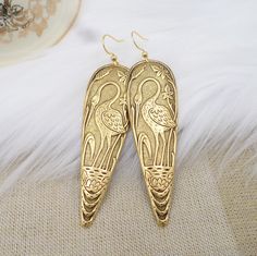 Gold Crane Earrings, Antique Gold Brass Heron Earrings, Bird Jewelry, Bird Earrings, Large Crane Drop Dangle, Bird Lover Jewelry Gift by hhjewelrydesigns on Etsy Crane Earrings, Cat Tails, Earrings Bird, Crane Design, Lover Jewelry, Earrings Antique, Cat Tail, Bird Earrings, Bird Jewelry