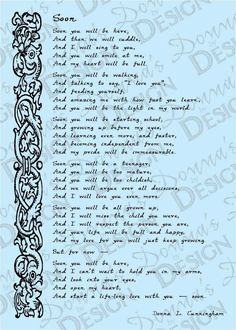 a handwritten poem in black ink on blue paper with an ornate border and the words,