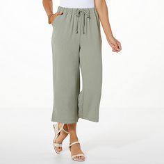 WynneLayers Crinkle Crepe Cropped Drawstring Pant  Stylish relaxation. Stay at home or run your daily errands in these comfy-cozy crinkle crepe pants with a drawstring waistband. Casual Bottoms With Crinkle Texture For Spring, Casual Summer Pants With Crinkle Texture, Green Outfits, Crepe Pants, Fun Pants, Green Outfit, Draped Fabric, Comfy Cozy, Matching Top