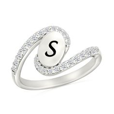 Create a personalized design with this engravable white lab-created sapphire bypass ring. Sterling silver The tilted oval-shaped center can be engraved with up to two initials of your choosing White lab-created sapphires line the swirling, bypassing shank Personalized Silver Diamond Signet Ring, Silver Oval Initial Ring Fine Jewelry, Silver Oval Initial Ring In Fine Jewelry Style, Personalized Silver Oval Diamond Ring, Formal Silver Initial Ring With Diamond Accents, Elegant Silver Initial Ring With Birthstone, Oval Diamond Signet Ring With Birthstone, Personalized White Diamond Ring For Anniversary, White Engraved Diamond Ring