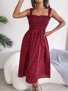 Elevate your summer style with our casual lace-up contrast-color plaid mid-length dress for women. This chic piece features a flattering mid-length design with a playful plaid pattern and a stylish lace-up detail. Perfect for the spring and summer seasons, it adds a touch of charm to your wardrobe. Available in various color combinations to match your personal style, this dress is a must-have for staying both fashionable and comfortable during warmer months. Embrace the season with confidence in this trendy dress. Square Neck Midi Dress, Plaid Tie, Long Sleeve Gown, Plaid Fashion, Vestido Casual, Casual Lace, Long Sleeve Maxi, Daily Dress, Mid Length Dresses