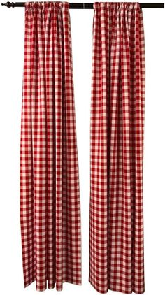 red and white checkered curtains hanging on a rod