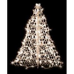 a lighted christmas tree with white lights in the shape of a triangle on a black background