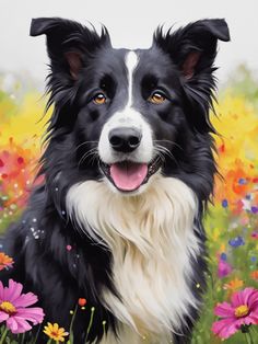 a black and white dog sitting in a field of flowers