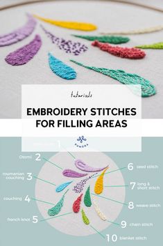 the embroidery stitches for filling areas are shown in two different colors and sizes, along with instructions on how to use them