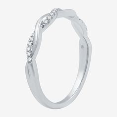 a white gold wedding ring with diamonds on the sides and an elegant twist design in the middle