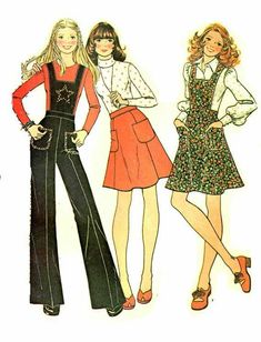 70's Aesthetic, Los 70s, 70s Sewing, Vintage Fashion Sketches, Vintage Clothes Patterns, Skirt Overalls, Clothing Templates, Wide Legged Pants, Overalls Vintage