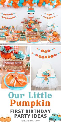 an orange and blue birthday party with pumpkin decorations