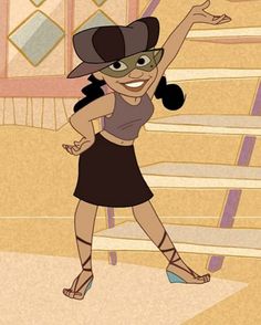 a cartoon character is standing in front of stairs and pointing to the side with her hand