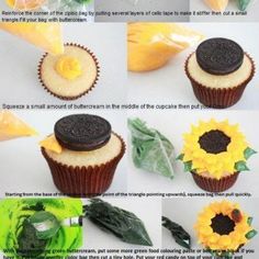 the instructions for how to make an oreo cupcake with sunflowers and leaves