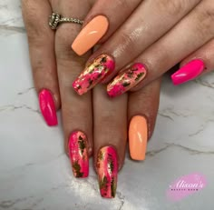 Neon Orange And Pink Nails Acrylic, Orange And Green Marble Nails, Pink And Orange Hawaiian Nails, Neon Orange Marble Nails, Pink And Orange Tie Dye Nails, Multicolored Nails, Square Nail Designs, Sparkly Nails