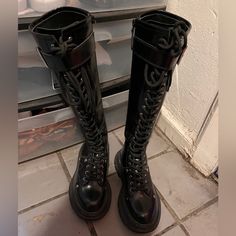 It’s Brand New Unused Mcqueen Boots It’s Size 5. You’re Welcome To Send Me Offers! Elegant Black High Ankle Combat Boots, Elegant Black Lace-up Combat Boots, Alexandra Mcqueen, Mcqueen Boots, Boot Styling, Mcqueen Shoes, Alexander Mcqueen Shoes, Thigh Boots, Swaggy Outfits