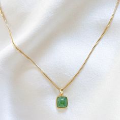 This minimalist necklace features a 24k gold-filled square pendant bezel-set with a Aventurine gemstone. The elegant design and earthy green hue of the Aventurine make this piece perfect for daily wear or layering with your favorite necklaces. 24k Gold Filled Chain 24k Gold Filled Square Bezel Pendant: 17mm Chain length: 16" and 18" Lobster clasp closure Hypoallergenic Water resistant & tarnish free Nickel & lead free Minimalist Gold Emerald Gemstone Necklace, Minimalist Green Emerald Necklace For Everyday, Everyday Minimalist Green Emerald Necklace, Green Rectangular Pendant Jewelry For Everyday, Green Square Pendant Necklace In Minimalist Style, Minimalist Green Necklace With Square Pendant, Minimalist Everyday Emerald Pendant Necklace, Green Square Pendant Minimalist Necklace, Green Square Pendant Minimalist Jewelry