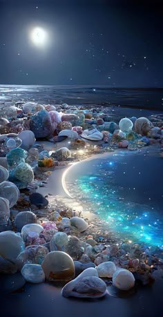 an ocean beach covered in lots of different types of rocks and pebbles under a full moon