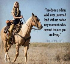 a woman riding on the back of a brown horse in a field with a quote