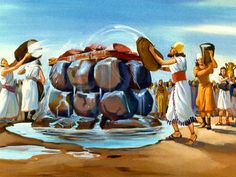 an oil painting of people washing their hands in the water with rocks and stones around them