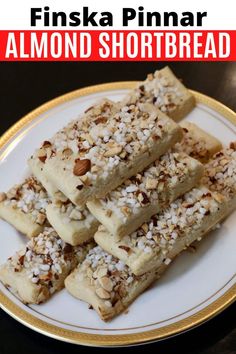 this is an image of almond shortbreads on a plate with text overlay