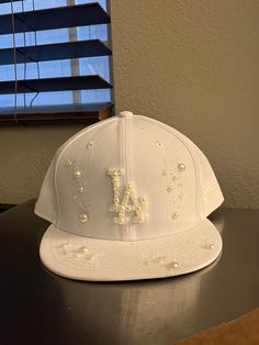 Distressed hat with pearls :) Bedazzled Hat, Hat With Pearls, Custom Fitted Hats, Dope Hats, Distressed Hat, Oct 1, Fitted Hat, Fitted Hats, Trucker Cap