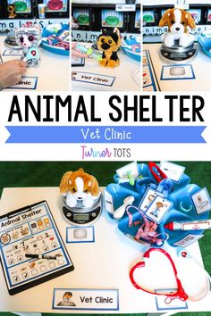 an animal shelter table with toys on it and the words vet clinic written in different languages