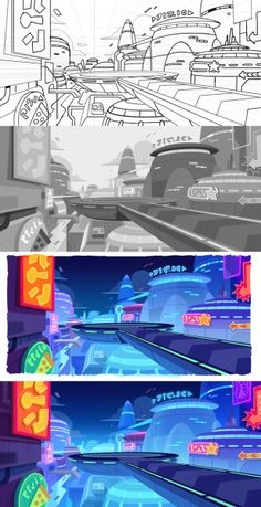 three different views of an animated city with neon lights and cars on the street, from top to bottom