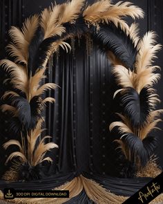 an image of a black and gold stage backdrop with feathers on it's sides