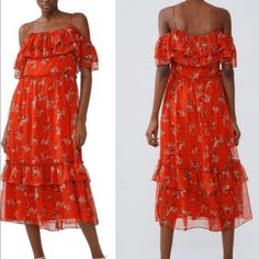 Zara Red Floral Midi Dress With Ruffled Details Nwt Off The Shoulder Spaghetti Strap Dress With Ruffled Details Size S 100% Polyester Approx. Measurements - Underarm To Underarm 15" - Length 45.5" Red Flowy Tiered Midi Dress, Flowy Red Tiered Midi Dress, Casual Red Ruffled Midi Dress, Red Ruffled Midi Dress For Summer, Red Tiered Midi Dress For Spring, Zara Off-shoulder Midi Dress For Summer, Zara Off-shoulder Summer Midi Dress, Red Ruffled Midi Dress For Day Out, Zara Flowy Ruffled Midi Dress