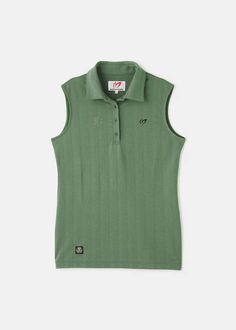 Polyester ecopet stretch tuck jacquard sleeveless polo shirt in khaki.  polo collar  sleeveless  straight hem  embroidered logo at chest  logo tag at the back    99% polyester 1% polyurethane.  imported. Green Polo Collar Tops For Golf, Fitted Cotton Golf Tops, Green Cotton Golf Tops, Green Cotton Tops For Golf, Casual Fitted Golf Tops, Cotton Golf Tops With Collared Neckline, Fitted Polo Shirt For Golf, Fitted Golf Top With Polo Collar, Casual Golf Tops With Collared Neckline