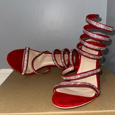 Red Heels With Sparkly Wrap Around, Very Cute And Almost Brand New Red Heels Quince, Cute Red Heels, Red Quinceanera Shoes, Red Open Toe Heels For Prom, Glamorous Red Heels With Wrapped Heel, Party Sandals With Red Sole And Low Heel, Red High Heel Heels For Prom, Red High Heels For Prom, Red Sparkly Heels