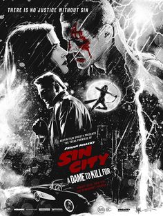 the movie poster for sin city starring two men in black and white, with lightning behind them