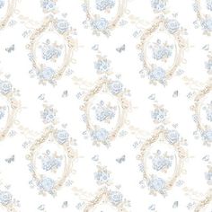 a white wallpaper with blue flowers and butterflies in the center, on an off - white background