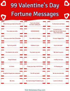 valentine's day fortune message with hearts on it and the text, 99 valentine's day fortune messages