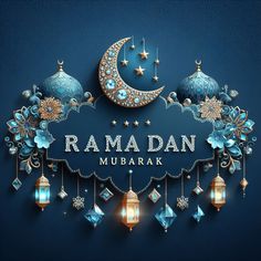 rama mubarak greeting card with hanging lanterns and moon on blue background for muslim festival