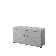 a gray storage bench with buttons on the front and back sides, against a white background