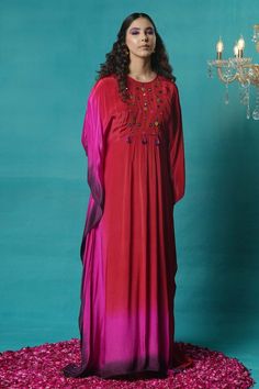 Multi color kaftan featuring round neckline and flared sleeves with thread embroidered yoke. Includes inner slip and showcases handmade tassels and front pleated details., Fit: Relaxed Purple Hands, Tassel Fringe, Pink And Purple, Flared Sleeves, Aza Fashion, Hand Dyeing, Round Neckline, Sleeve Type, Tassels