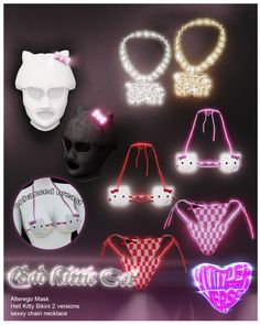 various neon bikinis and accessories are displayed